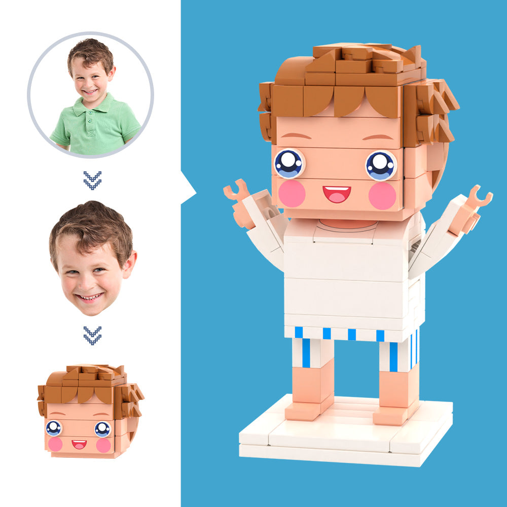 Custom Head Brick Figure — personalised white T-shirt mini block toy front view showing a photo-based custom head; perfect personalised photo gift