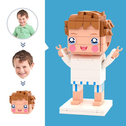 Custom Head Brick Figure — personalised white T-shirt mini block toy front view showing a photo-based custom head; perfect personalised photo gift