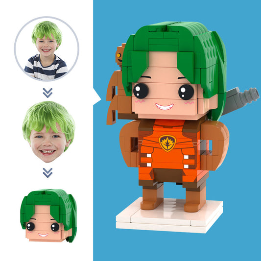 Personalised Rocket Raccoon brick figure with customised head — front view of mini block photo gift made from eco-friendly ABS small particle bricks.