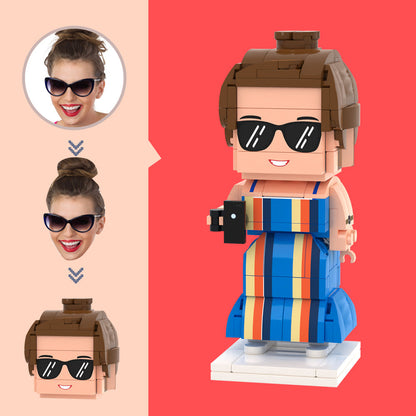 Personalised brick figure with a custom head created from a photo — front view of a mini block toy keepsake in eco-friendly ABS, ideal personalised photo gift