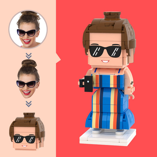 Personalised brick figure with a custom head created from a photo — front view of a mini block toy keepsake in eco-friendly ABS, ideal personalised photo gift