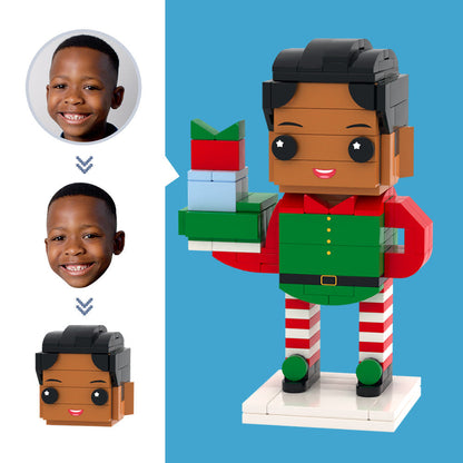 Personalised Christmas Elf Brick Figure with custom head from a front-facing photo — mini block elf ornament and stocking filler gift