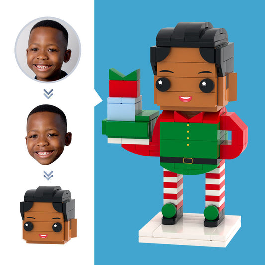 Personalised Christmas Elf Brick Figure with custom head from a front-facing photo — mini block elf ornament and stocking filler gift