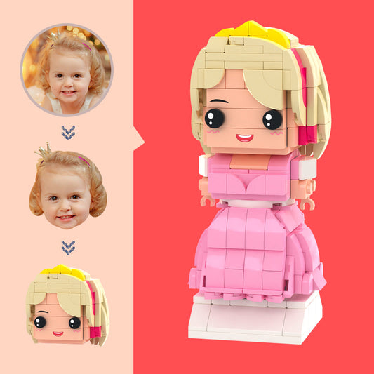 Personalised Pink Princess Brick Figure front view – custom head mini block in pink dress, eco‑friendly ABS bespoke keepsake gift for UK and Australia