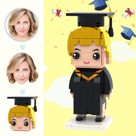 Front view of Personalised Engineering Graduation Brick Figure with custom head mini figure in Bachelor of Engineering gown, ideal personalised graduation gift for Australia and the UK