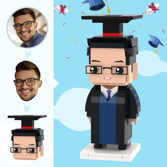 Full-body front view of Custom Graduation Head Brick Figure personalised in a bachelor's gown — small particle block toy graduation keepsake
