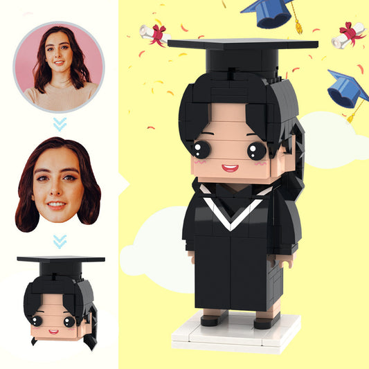Custom Graduation Brick Figure personalised mini figure wearing medical/bachelor’s graduation uniform with custom photo head, made from small particle blocks