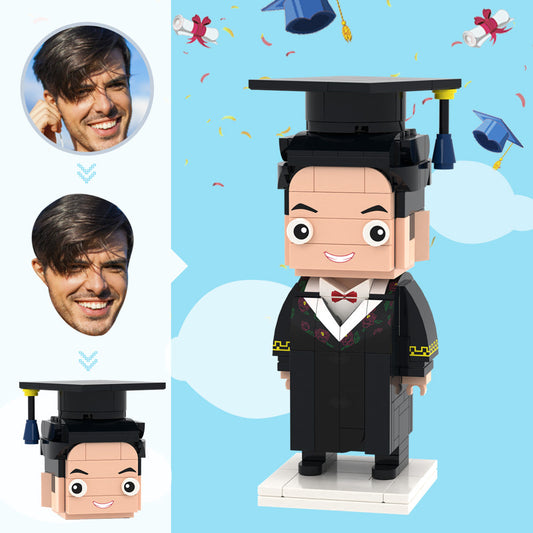 Custom Head Brick Figure in medical bachelor's uniform – personalised graduation gift for him with bespoke facial features and hairstyle, hand-assembled ABS mini brick figure