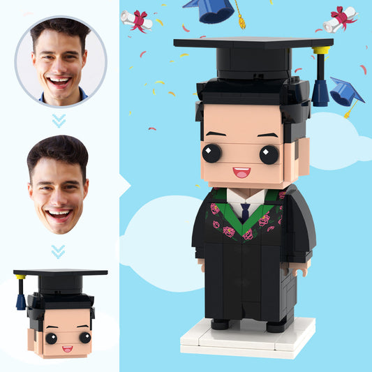 Personalised agronomy graduation brick figure front view — custom head mini block toy in bachelor’s gown, high‑quality personalised graduation gift