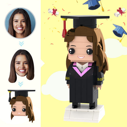 Custom Head Brick Figure in BA graduation gown and mortarboard – personalised small-particle block toy keepsake, ideal personalised graduation gift for UK and Australia