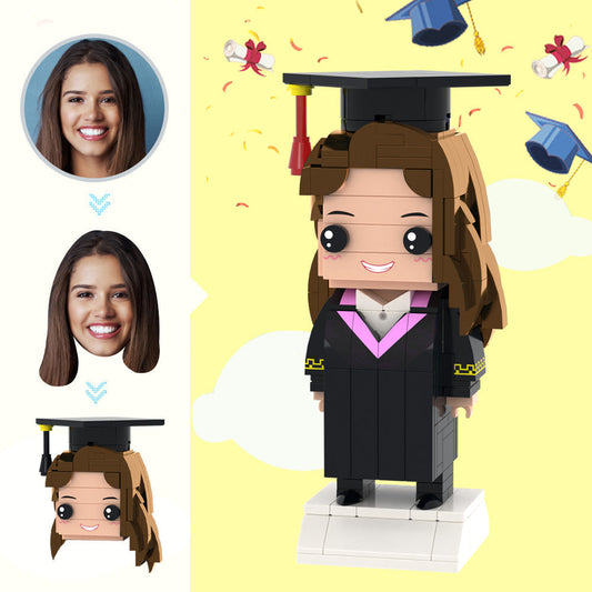 Custom Head Brick Figure in BA graduation gown and mortarboard – personalised small-particle block toy keepsake, ideal personalised graduation gift for UK and Australia