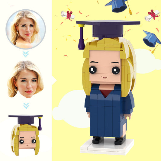 Front-facing personalised graduation custom head brick figure in master’s gown and mortarboard, photo-to-mini block keepsake ideal as a personalised graduation gift for UK and Australia