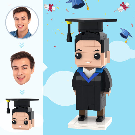 Personalised Graduation Brick Figure – custom head mini figure in graduation gown, cap and sash, perfect graduation gift for him