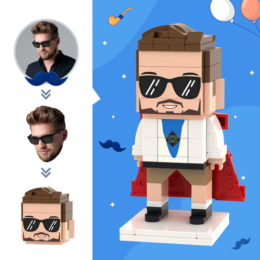 Personalised Super Dad Brick Figure front view with custom head and cape – custom head mini figure gift for Dad (AU/UK) ideal for Father’s Day