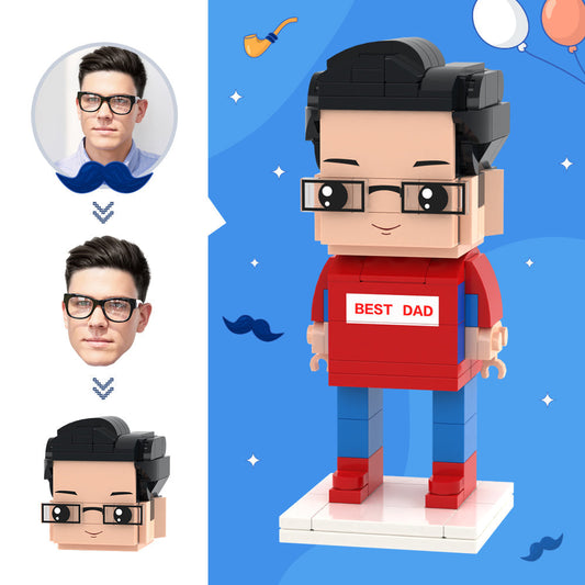 Personalised Dad brick figure with a custom head made from small particle blocks – photo to brick figure, best dad mini figure gift.