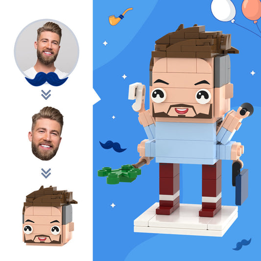 Personalised brick figure for Dad – busy dad small‑particle block figurine handcrafted from eco‑friendly ABS, a custom head mini block character made from your photo, ideal Father’s Day gift Australia and UK