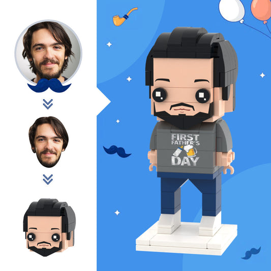 First Father's Day personalised head brick figure — custom mini block toy with photo-based face on ABS blocks, personalised gift for dad