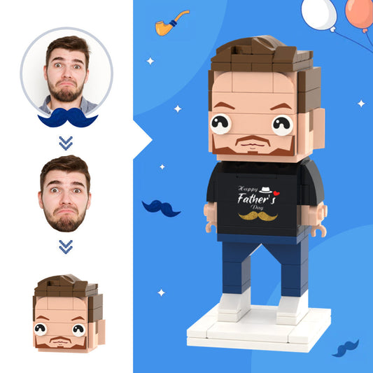 Front view of a Custom Head Brick Figure personalised from a photo — bespoke small particle block mini figure, ideal Father’s Day gift for Dad
