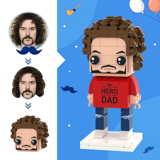 Personalised ‘My Hero’ Dad brick figure — front view of custom small-particle block toy made from eco-friendly ABS, personalised from your photo; ideal Gifts for Dad.