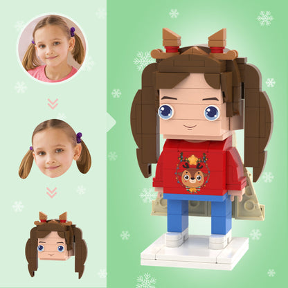 Personalised Christmas Elk Girl brick figure, front view – custom head mini figure made from eco‑friendly ABS
