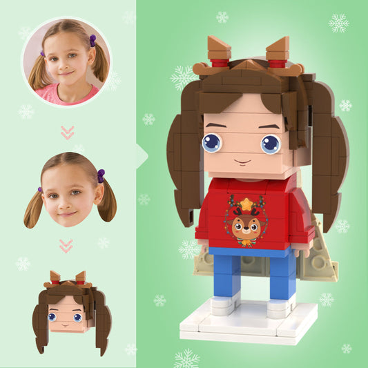 Personalised Christmas Elk Girl brick figure, front view – custom head mini figure made from eco‑friendly ABS