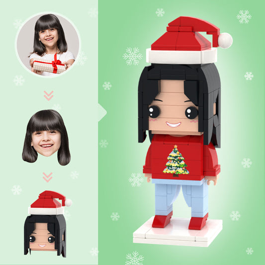 Personalised head brick figure with Christmas tree pattern, custom mini block toy made from your photo — unique Christmas gift or Secret Santa stocking filler