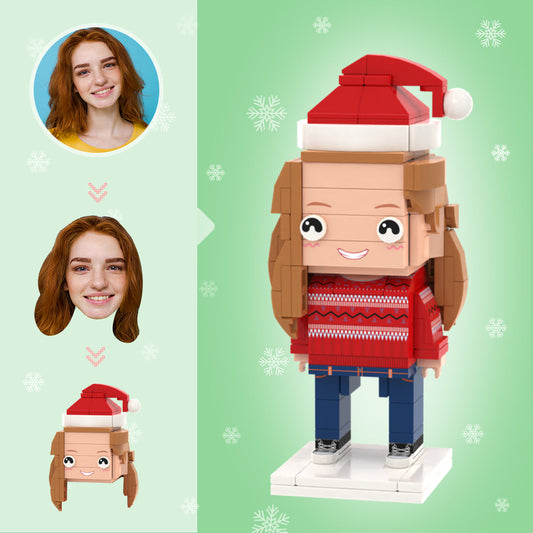 Personalised Christmas brick figure – front view of a custom head mini block gift made from eco-friendly ABS, display-ready keepsake
