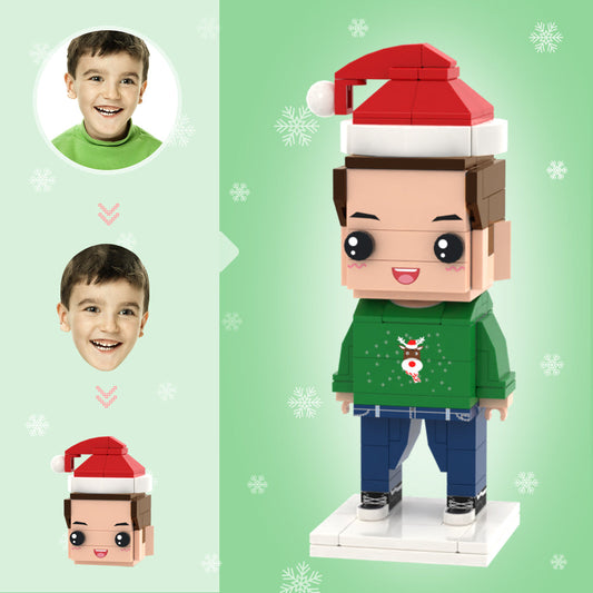 Personalised Christmas Elk Boy custom head brick figure — festive mini block toy with elk antlers, customised hair and facial expression; a quirky personalised ornament and Christmas gift for kids and boys, made from eco‑friendly small particle ABS.