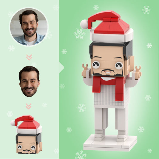 Personalised Christmas Brick Figure in festive outfit with custom head and hairstyle — small-particle mini block toy made from eco-friendly ABS, perfect Secret Santa or stocking filler