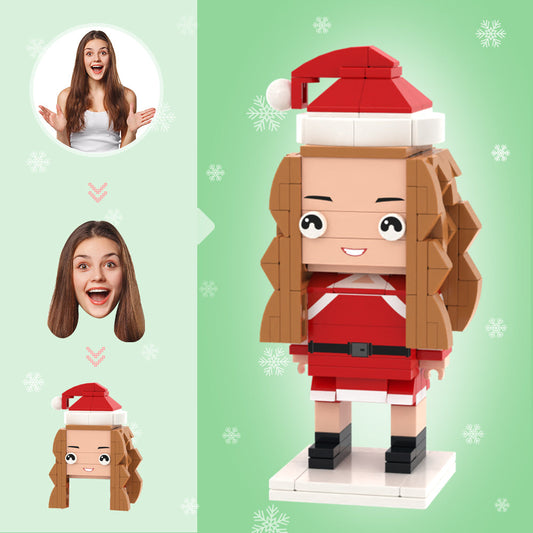 Personalised Christmas brick figure (girl) - front-facing custom head mini figure with bespoke hairstyle and expression, eco-friendly ABS personalised ornament for desk or shelf