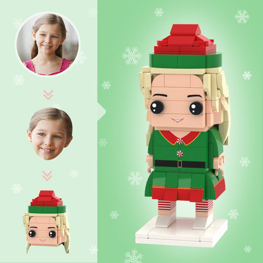 Front-facing personalised Santa's elf brick figure with custom face on white background — small-particle block toy ideal as a Christmas personalised photo gift