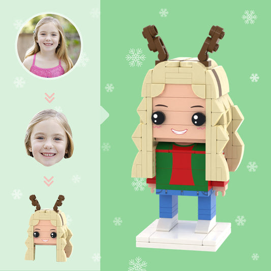 Personalised Girl with Antlers brick figure — front view of custom head mini figure, showing personalised hairstyle and face; eco-friendly ABS Christmas gift and stocking filler