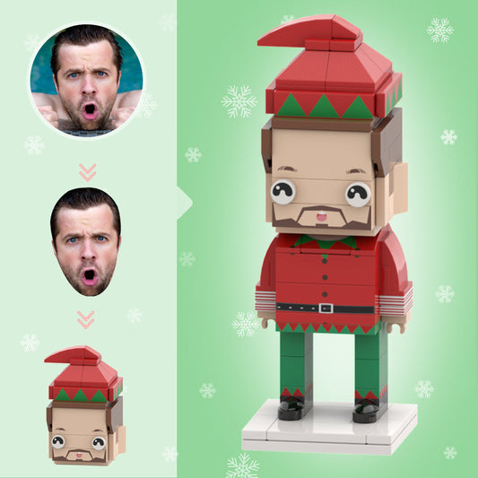 Front view of a personalised Christmas elf custom head brick figure on white background — a photo-to-mini block toy with bespoke facial features, ideal personalised mini figure and Christmas gift.