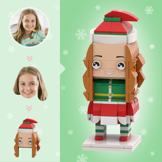 Front view of a personalised Christmas elf girl brick figure - custom head mini block toy with photo-based likeness and ABS eco-friendly blocks