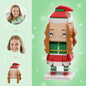 Front view of a personalised Christmas elf girl brick figure - custom head mini block toy with photo-based likeness and ABS eco-friendly blocks