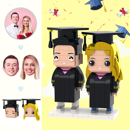 Personalised graduation custom brick figure with photo face wearing mortarboard and gown – unique teacher and graduate gift, premium ABS miniature