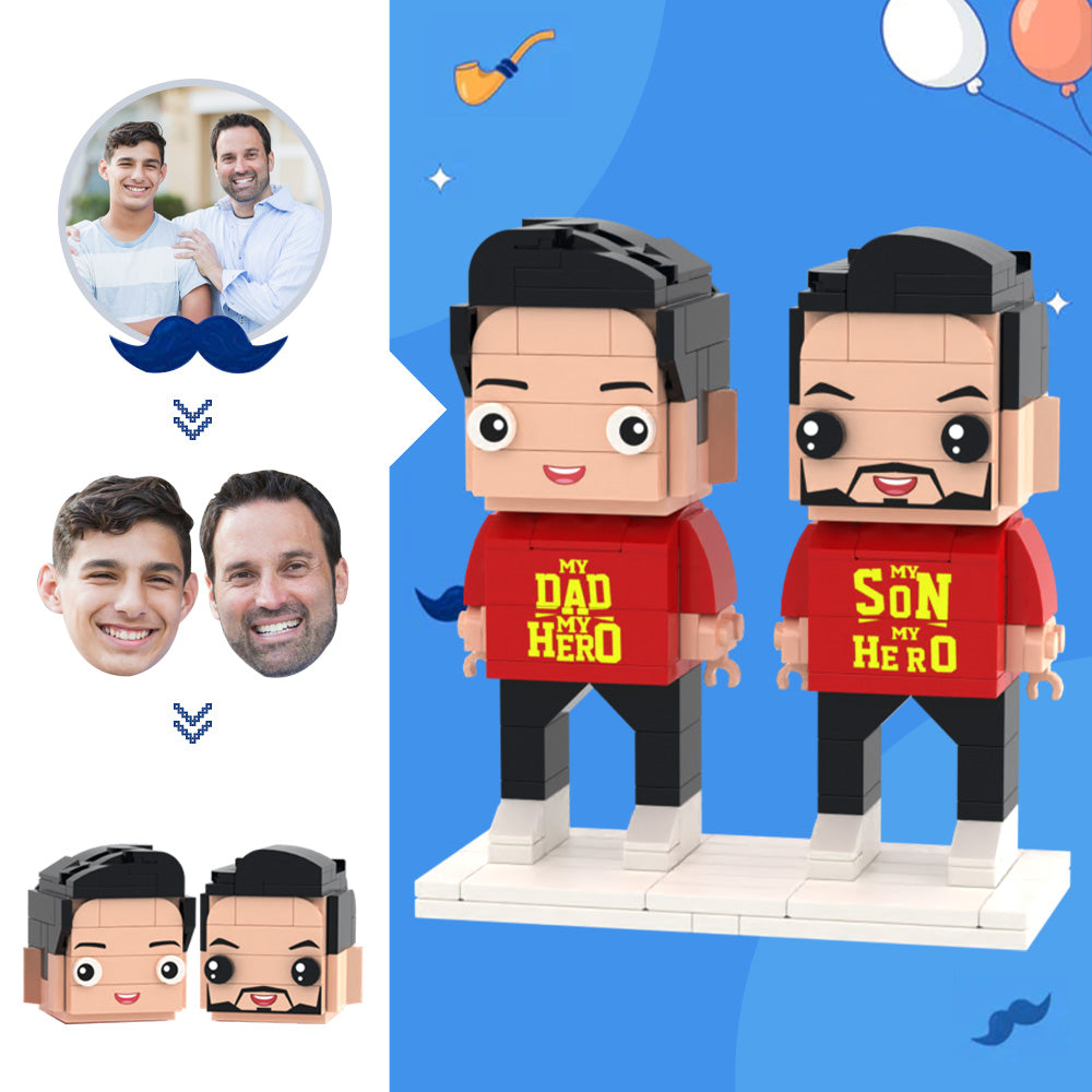 Front view of personalised Father's Day gift — custom Dad and Son brick figures in matching casual outfits with high-detail personalised hairstyles and expressions