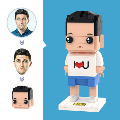 Personalised I LOVE U head-only mini brick figure made from eco-friendly ABS, photo-to-brick keepsake with custom hairstyle and facial expression — perfect personalised gift for her.