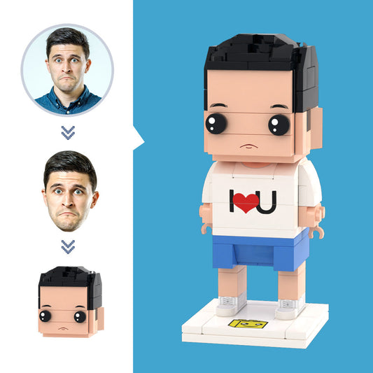 Personalised I LOVE U head-only mini brick figure made from eco-friendly ABS, photo-to-brick keepsake with custom hairstyle and facial expression — perfect personalised gift for her.