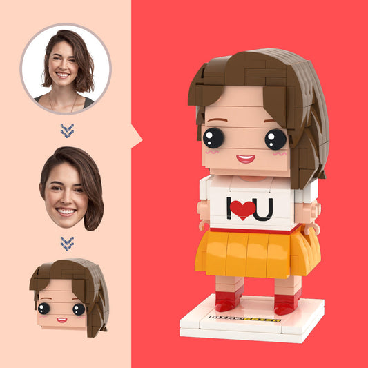 Front view of customised head I LOVE U brick figure — personalised block art gift for him, bespoke small particle block toy perfect for Valentine’s Day