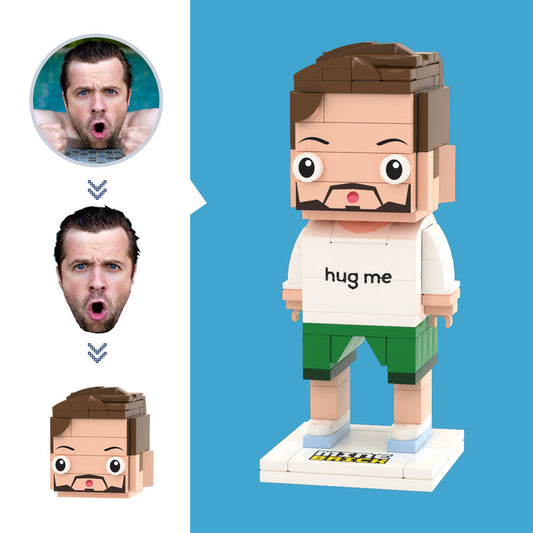 Custom Head 'Hug Me' brick figure – personalised head-only mini figure gift, block-style portrait collectible