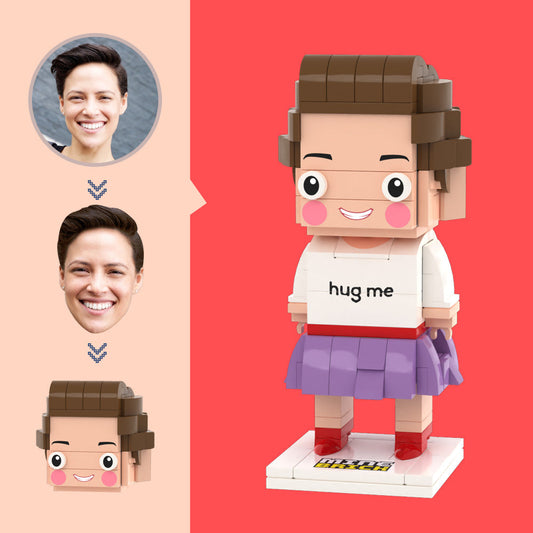 Personalised Head Hug Me brick figure with custom photo-to-brick head – front view of mini block toy recreating hairstyle and facial expression, ideal personalised gift