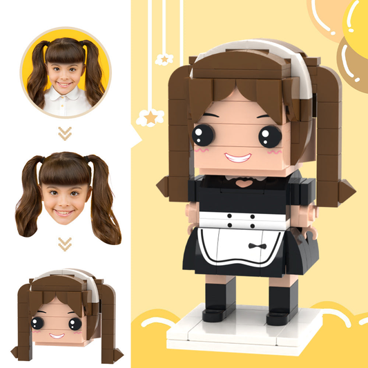 Personalised brick figure from your photo — custom mini block toy (eco-friendly ABS) with personalised hairstyle, face and outfit, front view