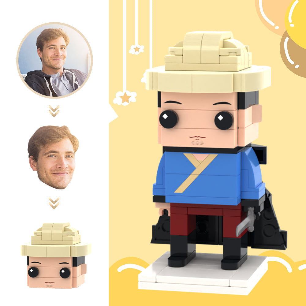 Front view of custom head brick figure — a personalised swordsman mini figure made from a photo, ABS eco-friendly small particle block toy ideal as a bespoke block figure gift
