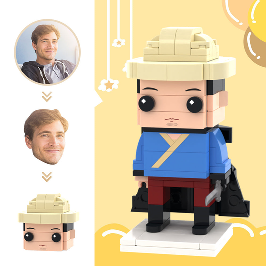 Front view of custom head brick figure — a personalised swordsman mini figure made from a photo, ABS eco-friendly small particle block toy ideal as a bespoke block figure gift