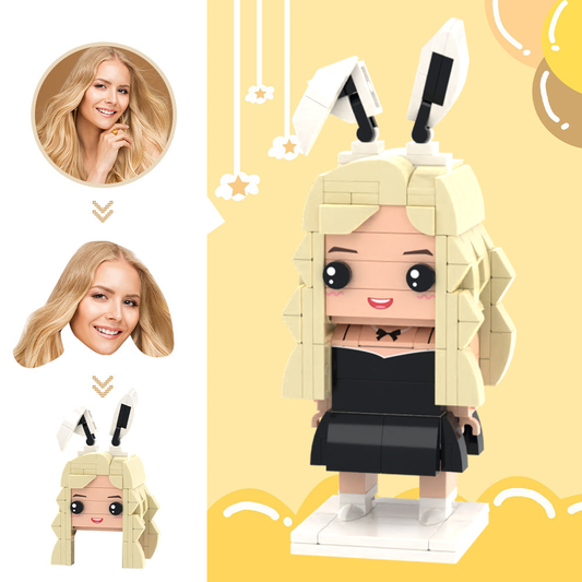 Personalised bunny girl brick figure with custom head — bespoke brick character made from eco‑friendly ABS, a personalised face gift from photo to brick figure