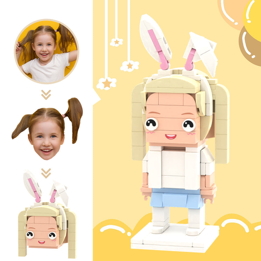 Personalised rabbit brick figure with custom head, small particle block toy in eco-friendly ABS — personalised photo gift