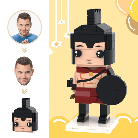 Personalised Spartan Warrior brick figure with custom head and helmet on white background — bespoke small-particle block toy made from eco-friendly ABS, perfect personalised gift
