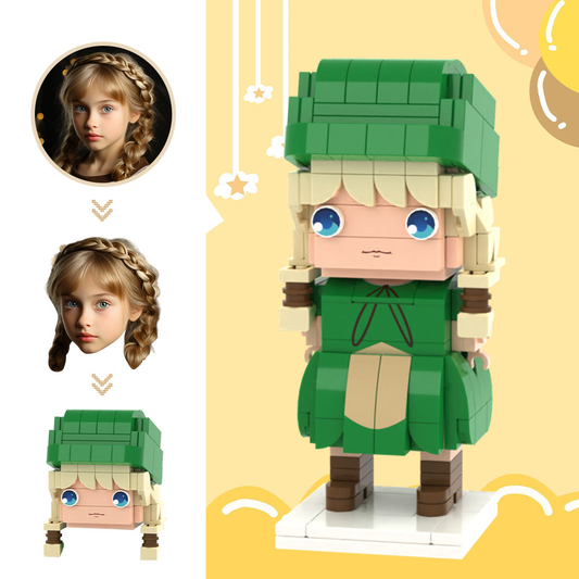 Custom Head Brick Figure personalised elf mini figure front view made from small-particle block toy showing customised hairstyle, expression and outfit details