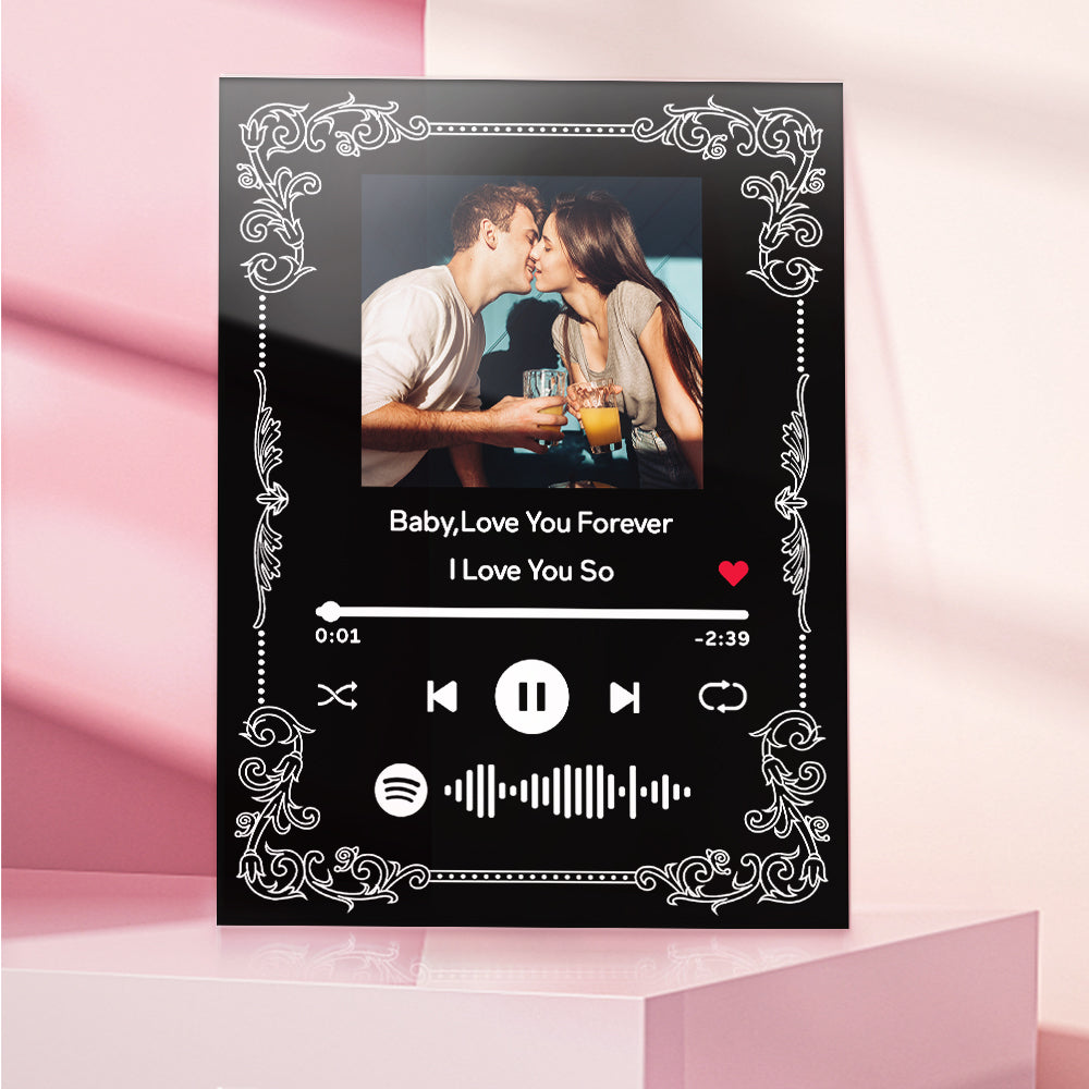White-variant personalised acrylic music plaque with matching keychain, engraved photo and song details — perfect personalised photo gift